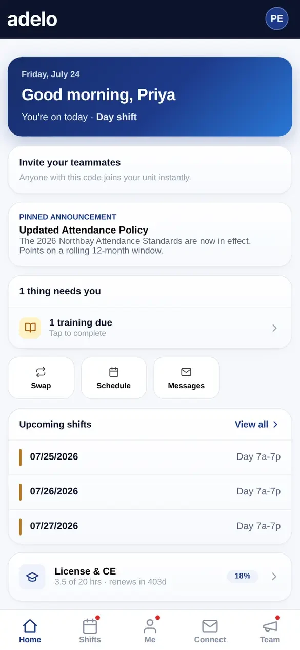The Adelo manager command center — live coverage, action center, and the day's lineup
