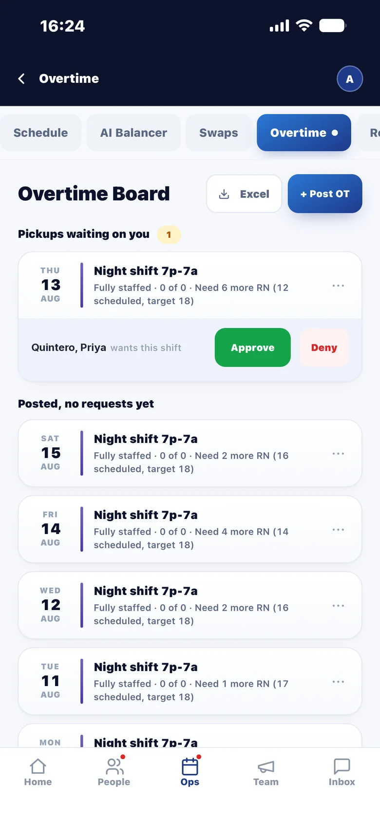 Posting an open shift and approving a pickup, on a phone and in a browser